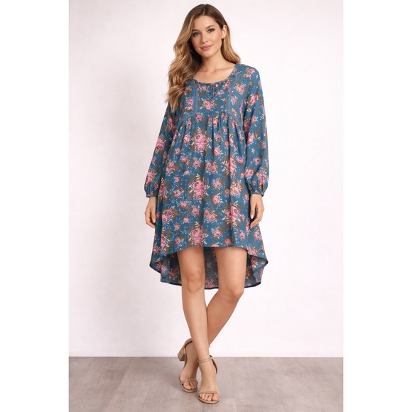 Matilda Jane Dresses & Skirts - Matilda Jane Women Blue Pink Floral Rose Clip Dot‎ Tunic Dress L Boho High Low